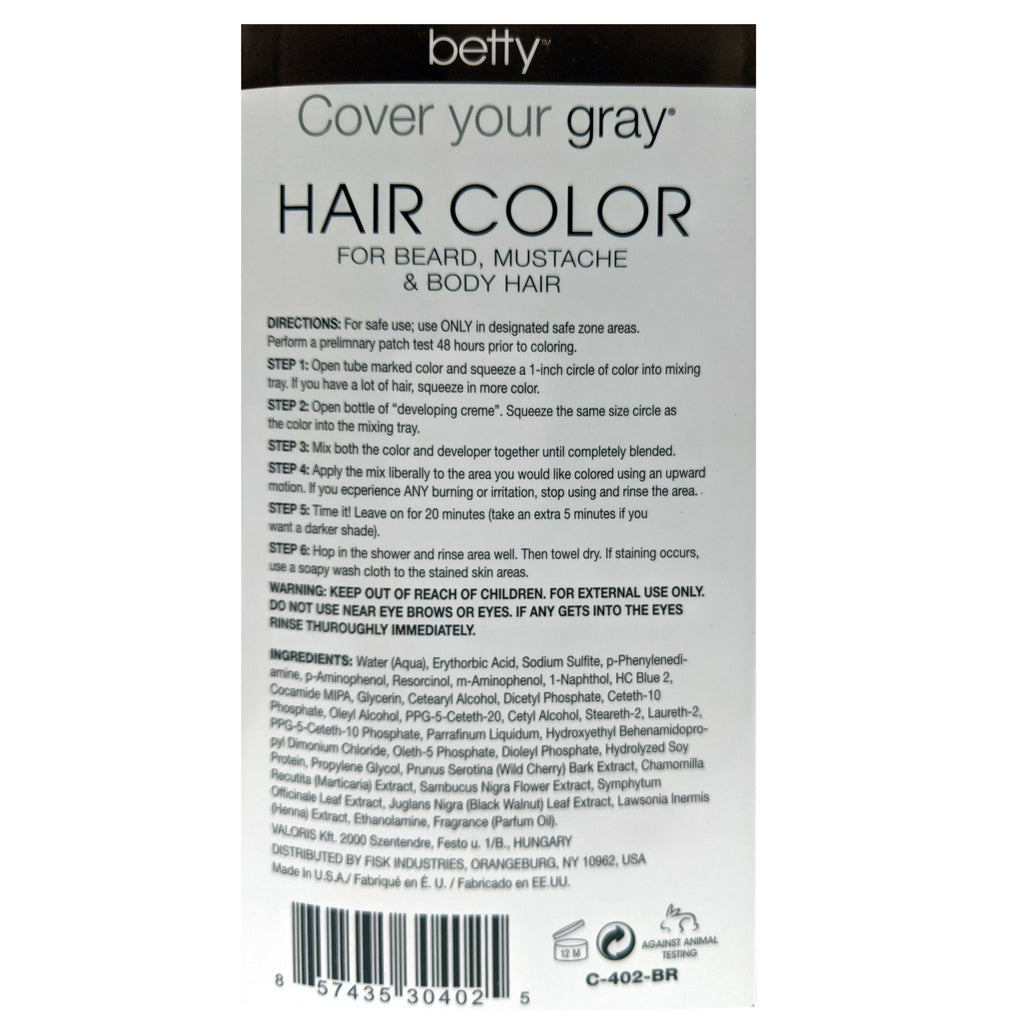 Betty Cover Your Gray Mens Hair Color for Beard, Mustache & Body Hair - Brown